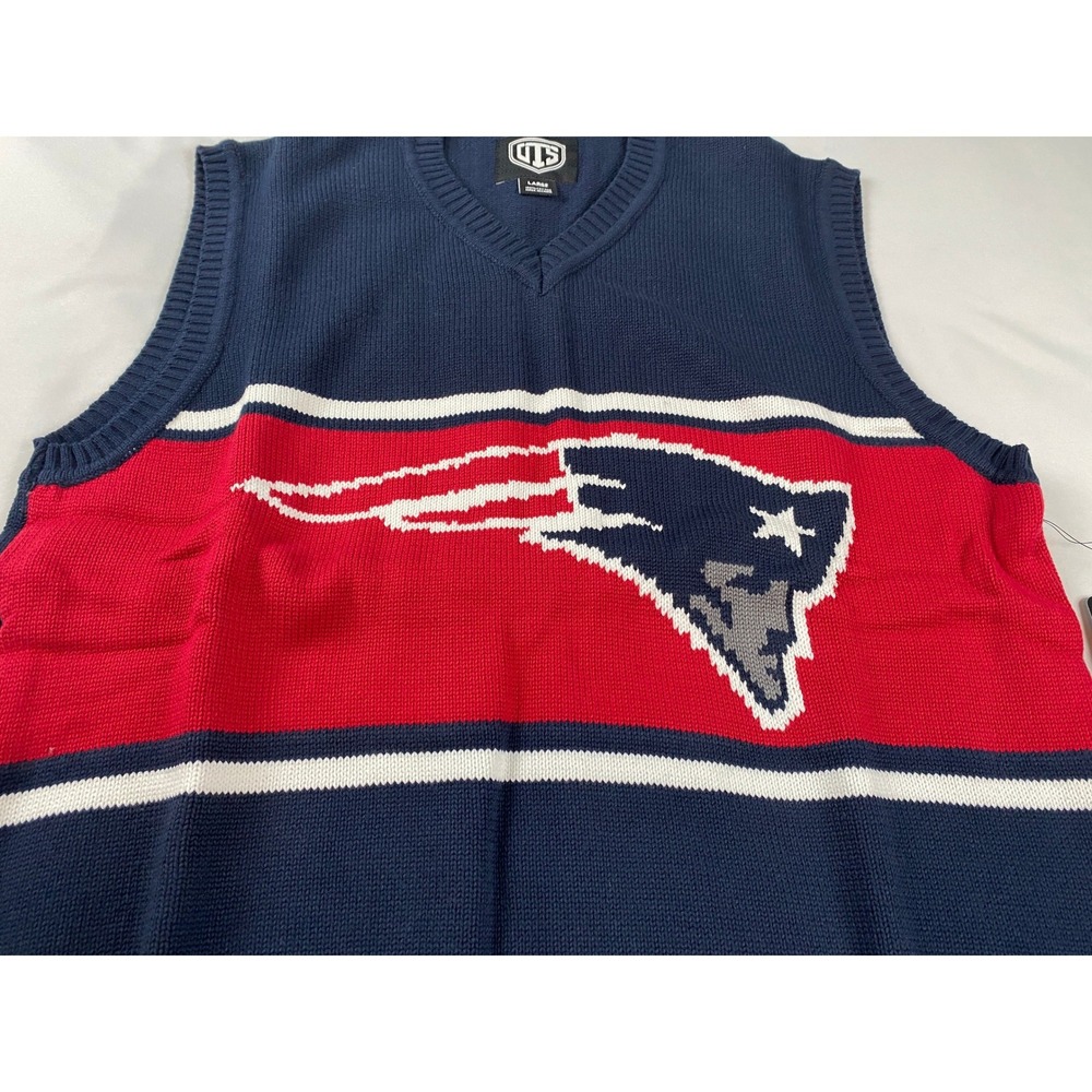 OTS New England Patriots Sweater Vest Mens Large Navy New NFL V-Neck Cotton Logo